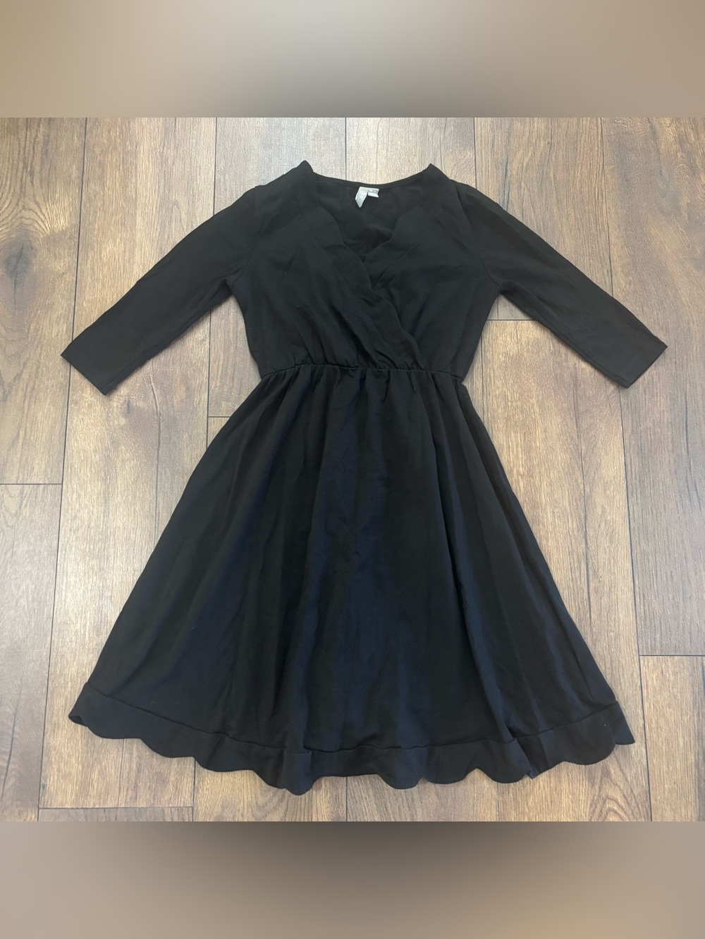 ASOS Black V-neck Scalloped Neck Faux Wrap Dress, 3/4 Sleeve, Size 2